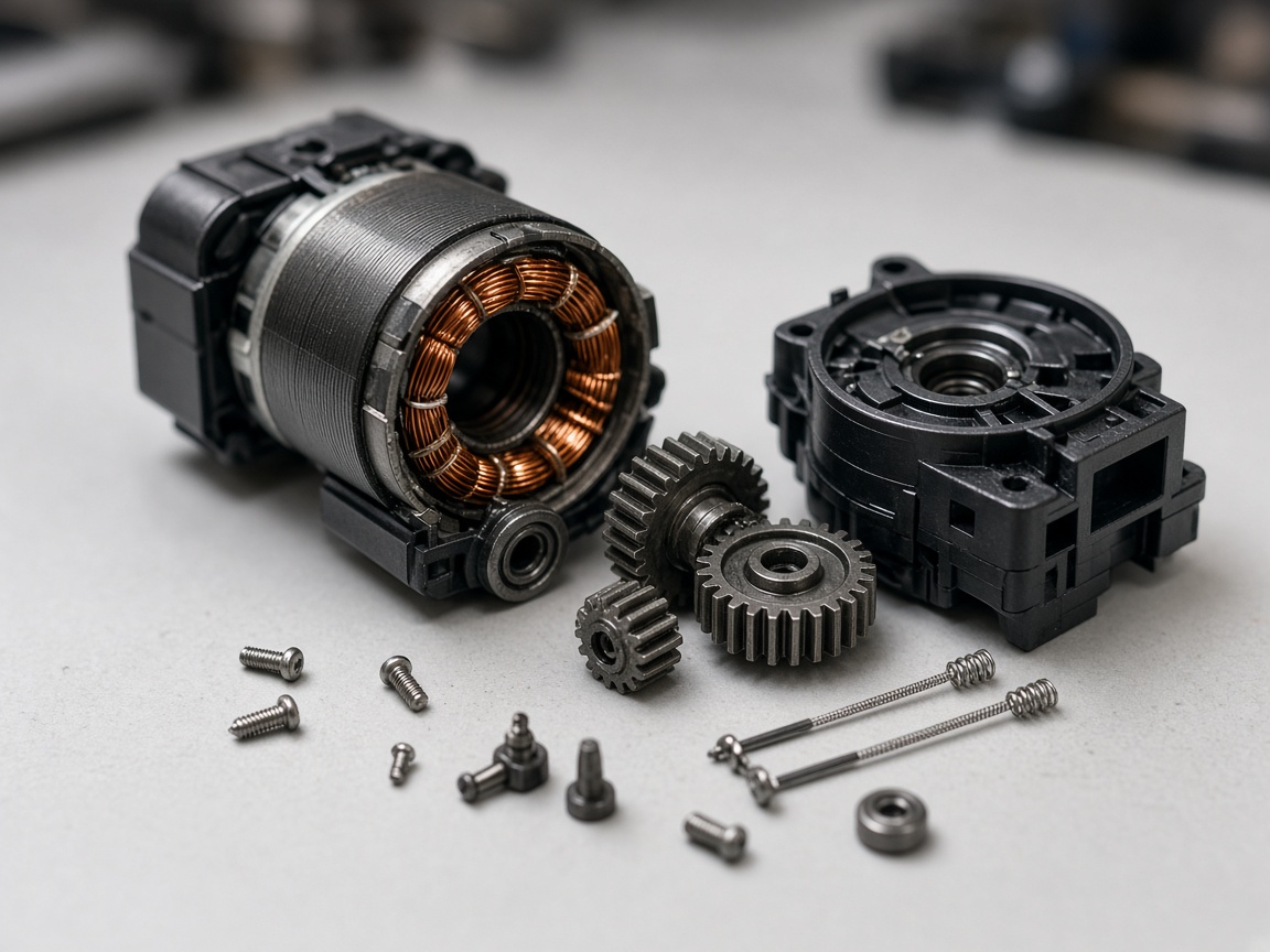 Close-up of a robot vacuum drive motor and gearbox on the bench